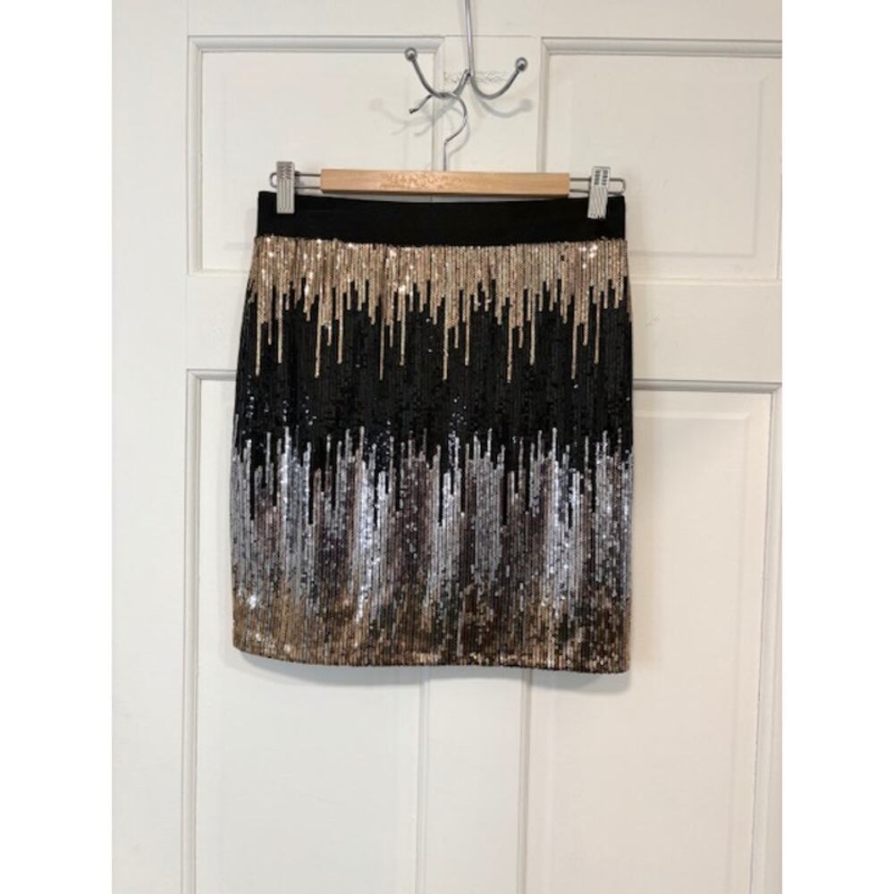 Bisou Bisou Sequin Mini Skirt Womens Sz S Black Gold Silver Ombre Stretchy Party - Picture 5 of 11